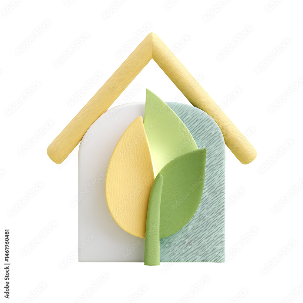 Aufkleber minimalist 3d rendering of a pastel colored sustainable home featuring a leaf icon representing envi