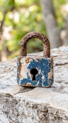 A sturdy padlock resting on a rough rock surface representing security and protection in nature