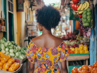 A young African-American woman with curly hair shops for fresh produce at a vibrant outdoor market on a sunny day in tropical location.