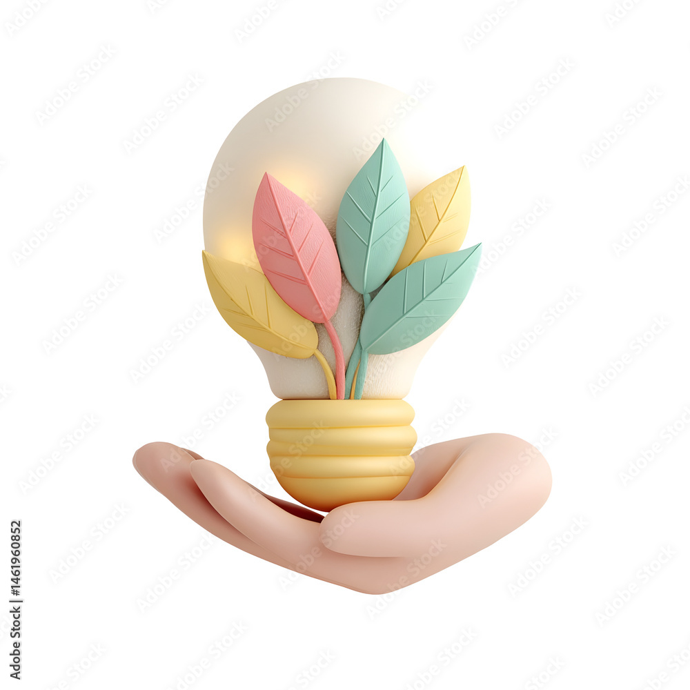 Poster a 3d digital rendering of a pastel colored concept featuring a floating lightbulb with a leafy inter
