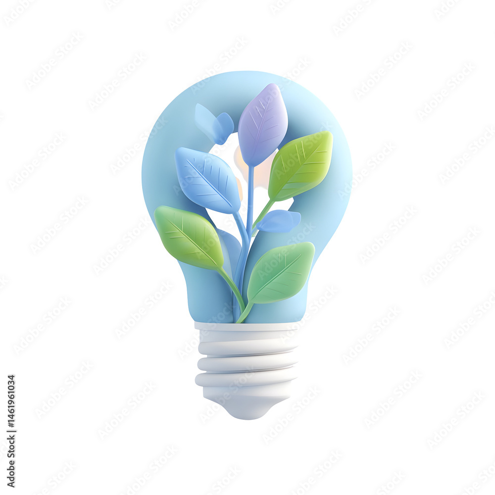 Poster a minimalist 3d pastel icon depicting a light bulb with delicate leaves symbolizing the concept of c