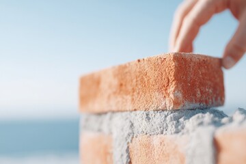bricklayer carefully places single brick in unfinished wall highlighting skillful craftsmanship