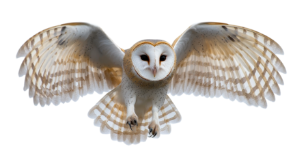 Barn owl soaring with wings spread on a clear background