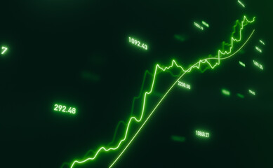 Stock market chart m oving up, graph llluminated in green. Business, risk, stock exchange, moving up, investment, growth, trading. 3D illustration