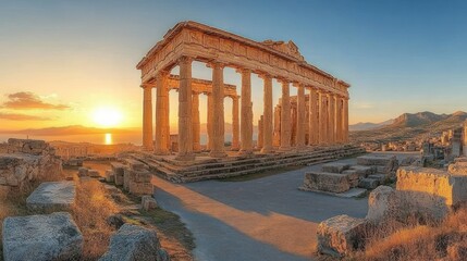 Obraz premium Ancient temple at sunrise over a coastal landscape