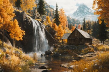 Cinematic autumn landscape featuring a waterfall in long exposure, orange and yellow foliage