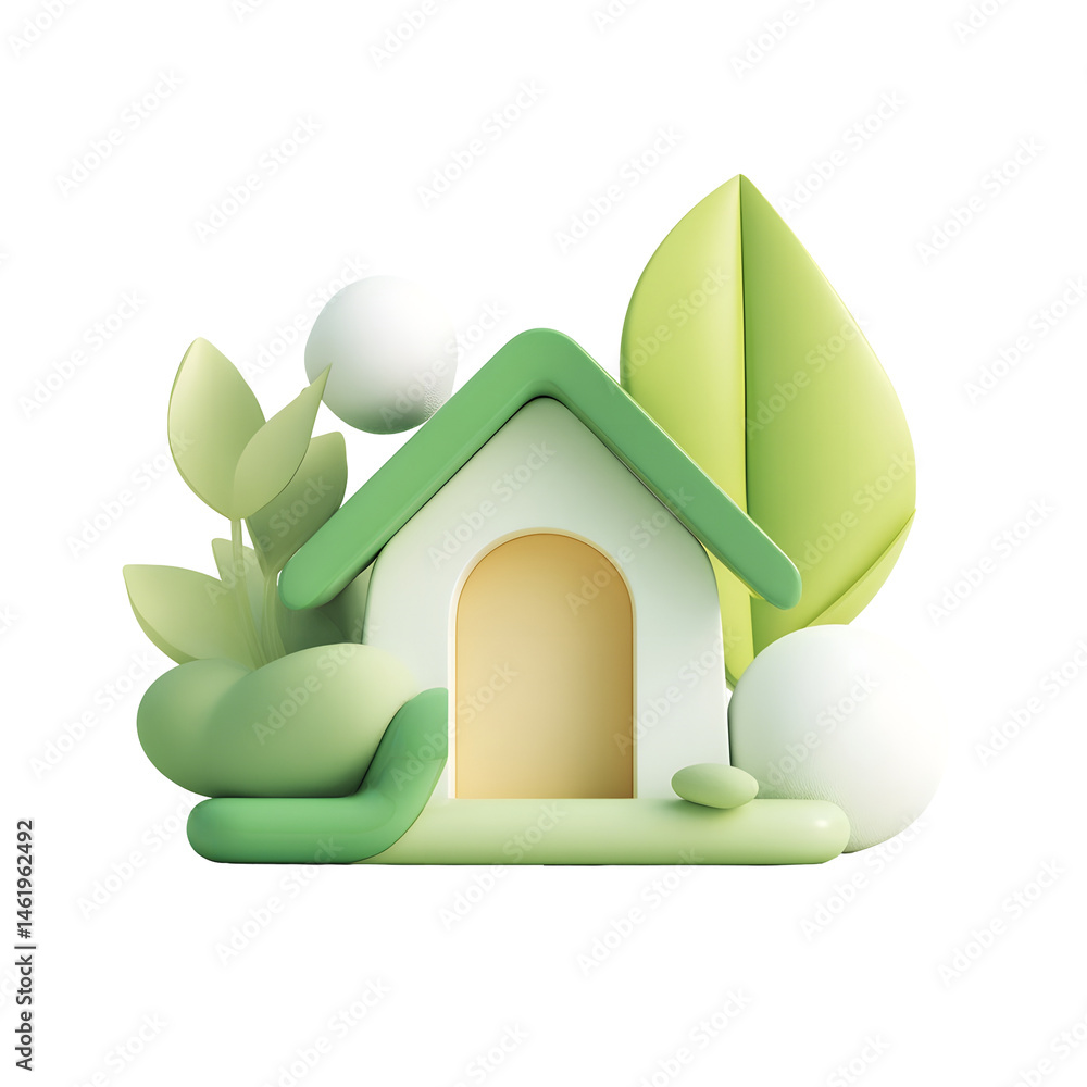 Poster a modern minimalist 3d rendering of a pastel green abstract house shape with smooth organic leaf ele
