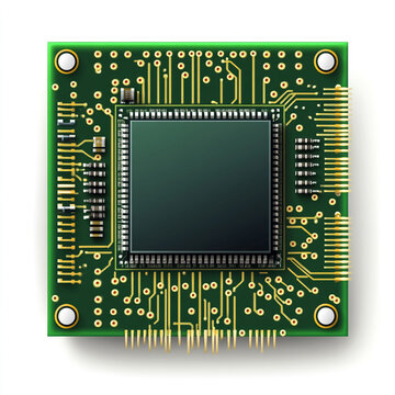 32-bit chip, green circuit board, golden chips, white background, top view