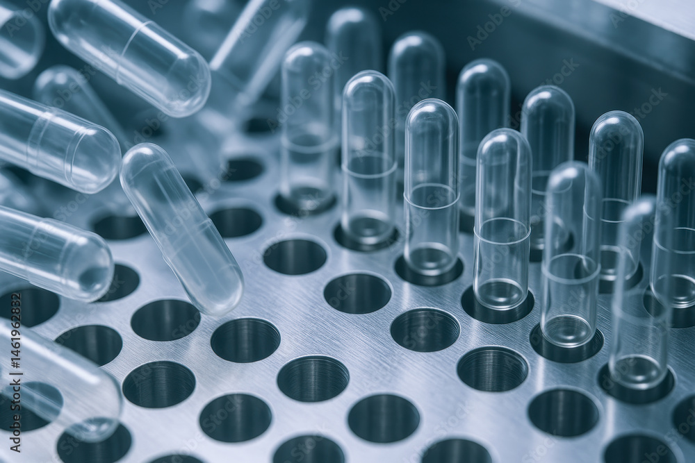 Poster pharma production line with transparent plastic capsules being filled and arranged in precise automa