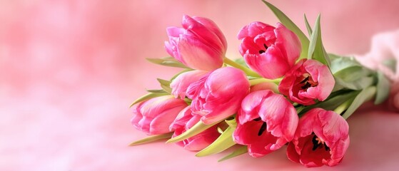 Beautiful bouquet of pink tulips with green leaves on a soft pink background, symbolizing love, appreciation, and springtime