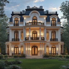 Obraz premium Grand Mansion Evening Exterior; Landscaping, Twilight