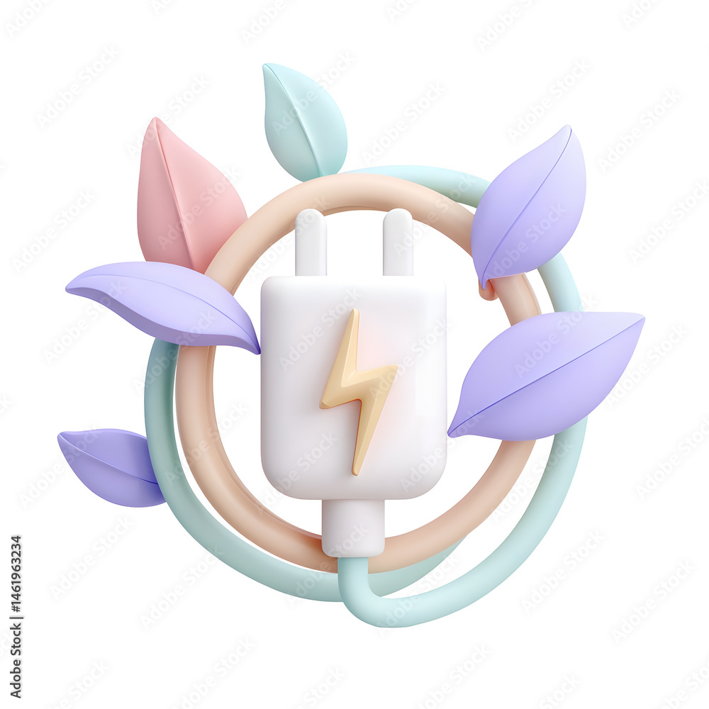 Poster colorful 3d featuring a pastel colored electric plug surrounded by abstract leaf shapes in mint peac