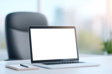 clean and minimalistic desk setup with laptop notepad and pen arranged symmetrically