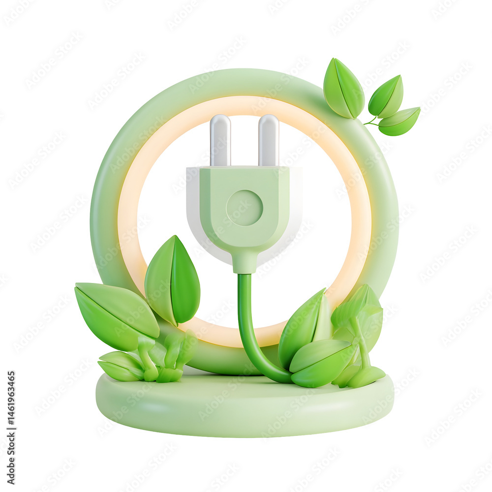 Aufkleber minimalist 3d concept of a pastel colored green electric plug surrounded by leafy elements and a glo
