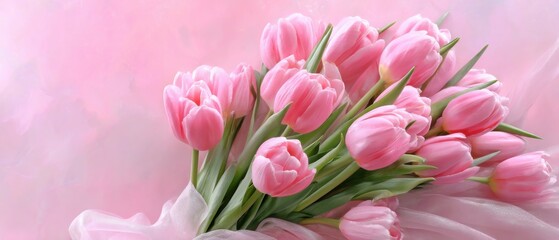 Fototapeta premium Romantic bouquet of pink tulips with soft ribbon on a pink background Concept of love, spring, and celebration