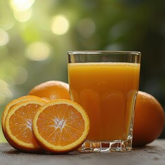 Freshly squeezed orange juice in a glass with sliced oranges sits on a wooden surface with a blurred, sunny natural background present now.