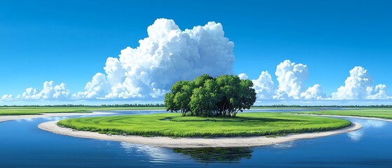 Serene island landscape under a vibrant sky