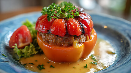 Tomato Treat on a Blue Plate: A close-up shot of a gourmet tomato stuffed with savory filling and garnished with fresh greens, presented beautifully on a blue ceramic plate.