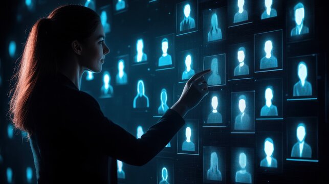 Woman interacts with a holographic display of digital profiles