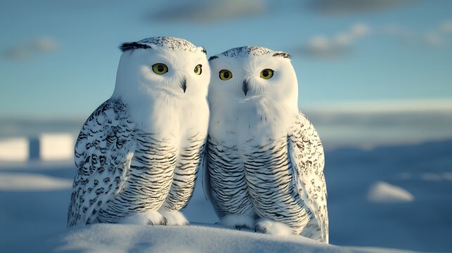 Two snowy owls perched on a snowy landscape.