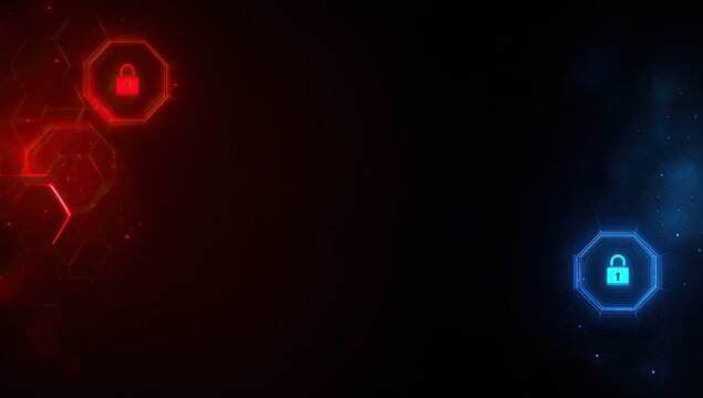Digital security interface, with glowing red and blue octagonal shapes displaying lock symbols on a dark background.  Complex, geometric pattern of glowing lines