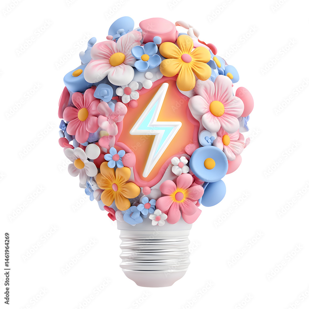 Aufkleber Vibrant 3D rendering of a pastel colored floral lightbulb with a lightning bolt icon symbolizing renewable energy and innovative ideas