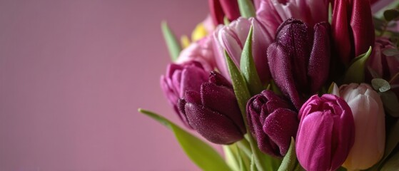 Closeup of vibrant tulip bouquet with water droplets against a soft pink background, showcasing spring bloom and floral beauty