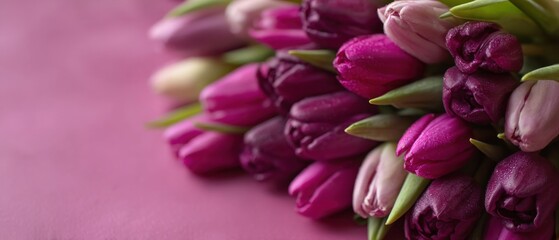 Obraz premium Closeup of Vibrant Purple Tulips with Water Droplets on a Pink Background, Symbolizing Spring, Freshness, and Floral Beauty