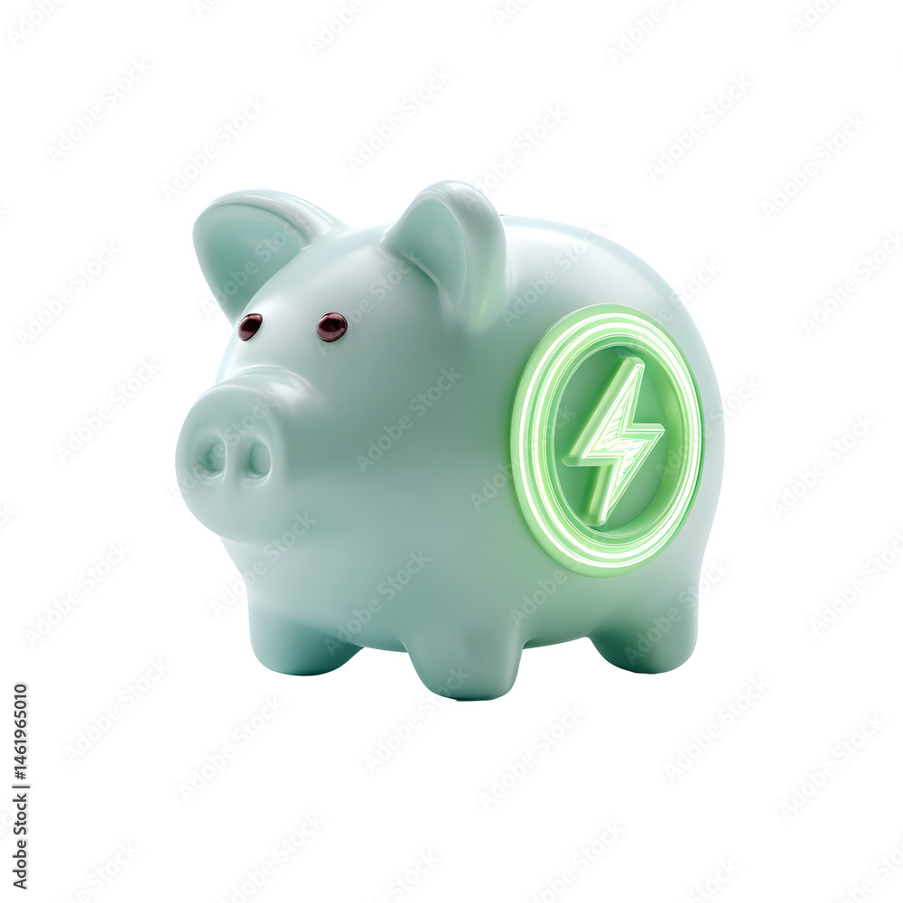 Poster minimalist 3d rendering of a pastel green piggy bank with a glowing electricity token symbolizing gr