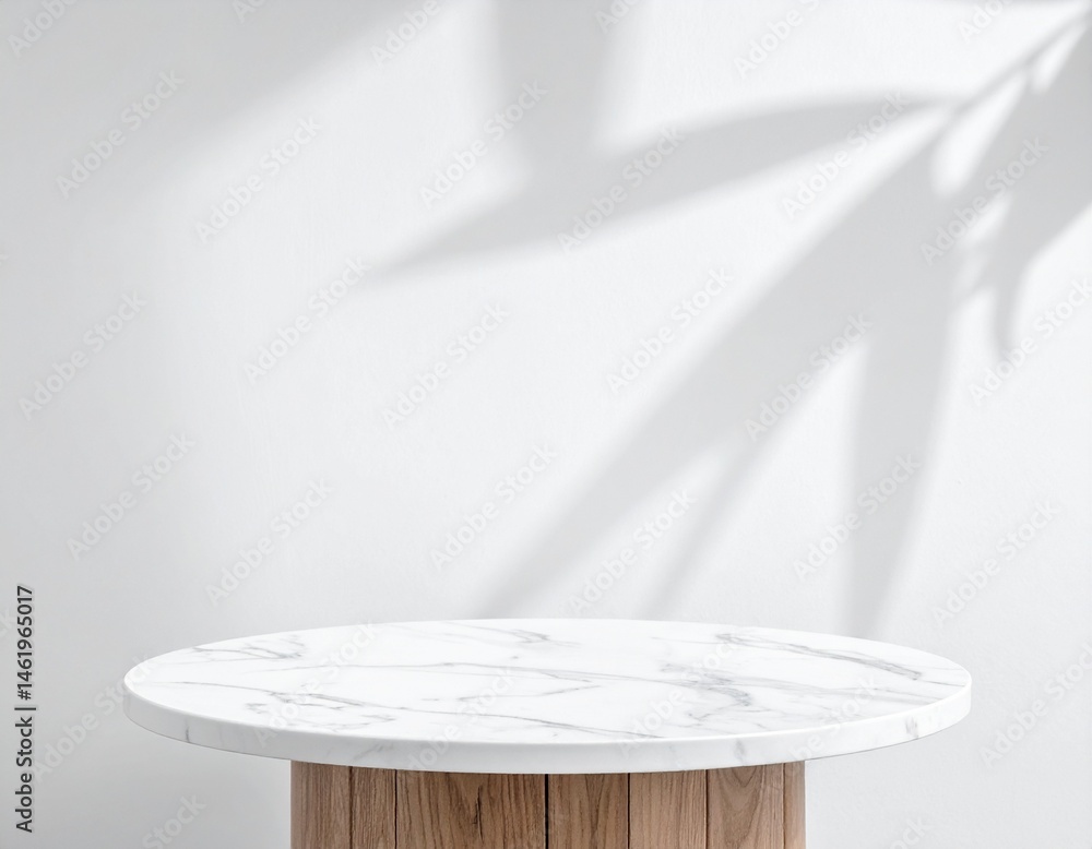 Poster round marble table top with abstract shadow drop on white wall background for mockup product display