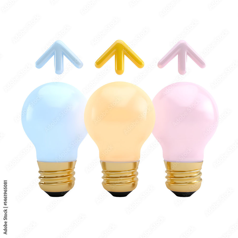 Poster Three pastel colored light bulbs with upgrade arrow symbols above representing the concept of energy transition and technological advancement