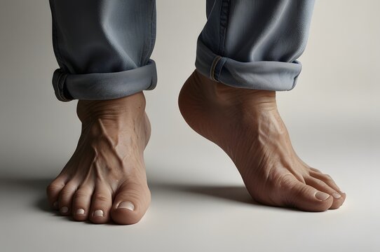 A close up of two feet one displaying a noticeable bony protrusion on the back of the heel consistent with haglund's deformity