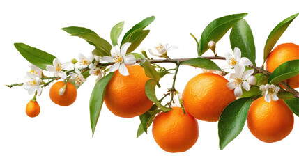 Close-Up of an Orange Tree Branch with Fresh Fruits and Green Leaves on Transparent Background

