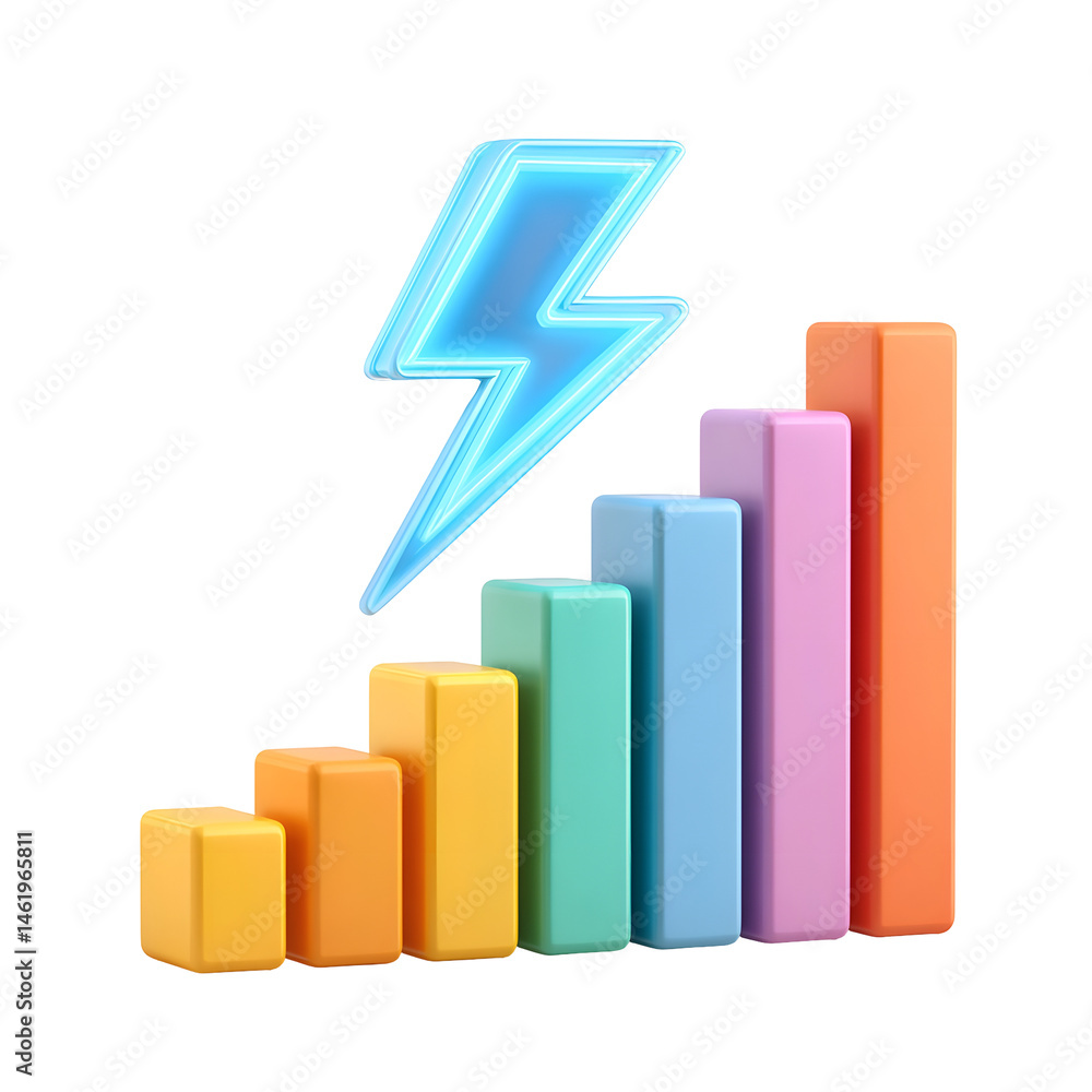 Poster A visually striking 3D infographic in pastel colors displaying an upward trending graph representing data and statistics related to energy efficiency and performance improvements