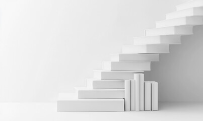 Abstract 3D book stairs in white on isolated surface
