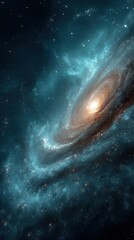 Fototapeta premium Spiral-shaped galaxy swirling in deep teal and gold space illuminated with starlight ideal for sci-fi phone wallpapers, astronomy visuals and cosmic mobile backgrounds