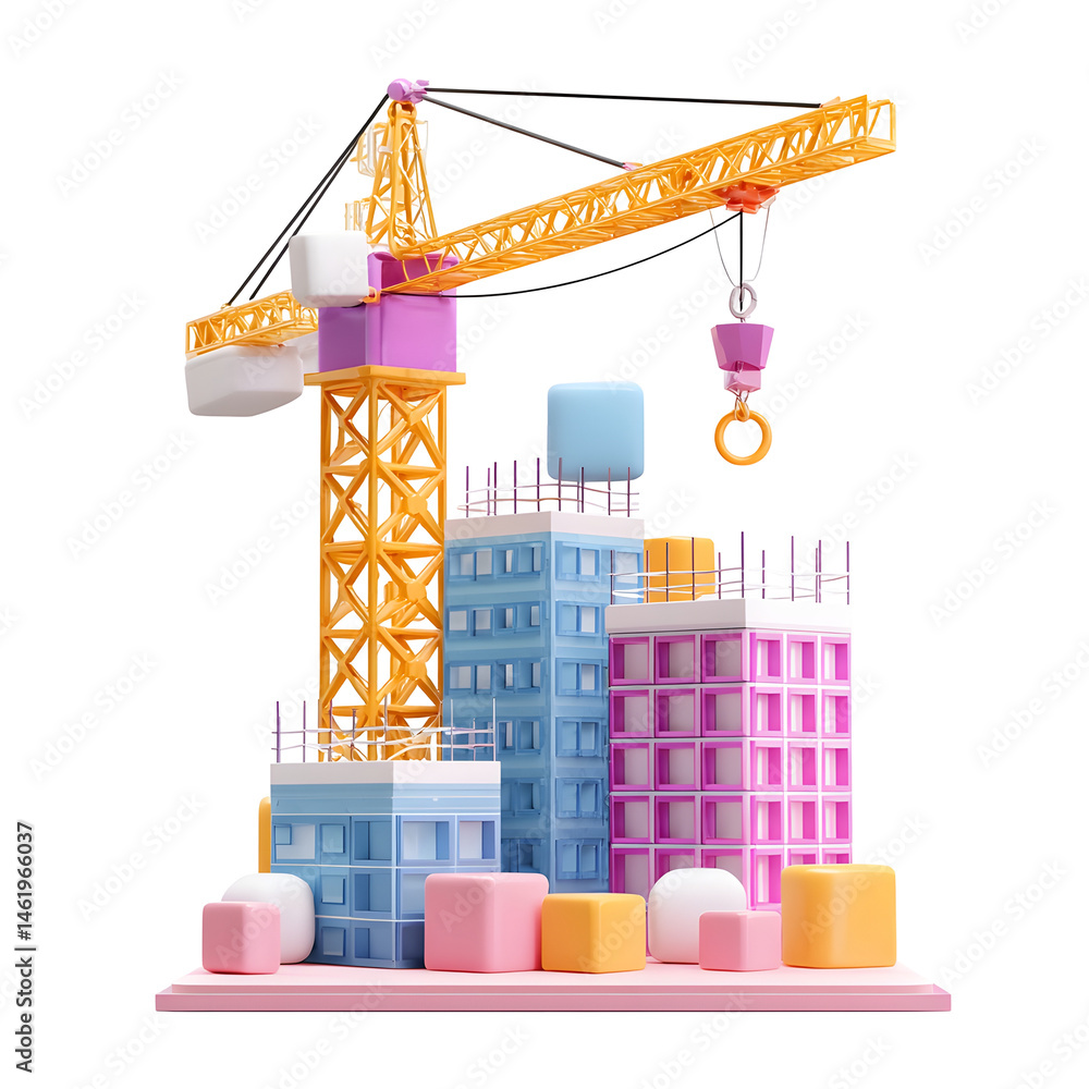 Poster a 3d digital depicting a vibrant pastel colored construction crane lifting various geometric buildin