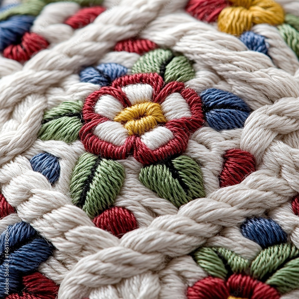 Poster a close-up view of a crocheted stitch showcasing intricate patterns and beautiful texture in yarn