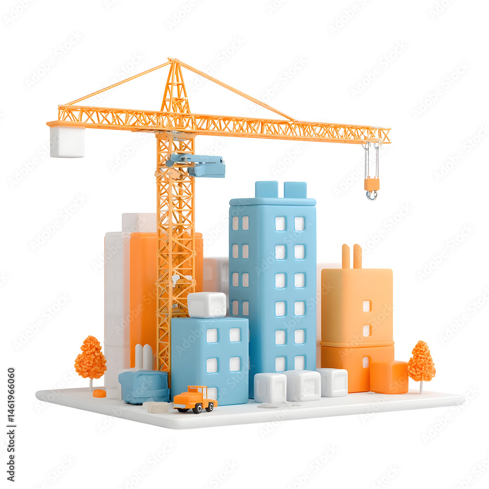 Aufkleber a 3d pastel colored depicting a construction crane lifting a block beside a modern building under co