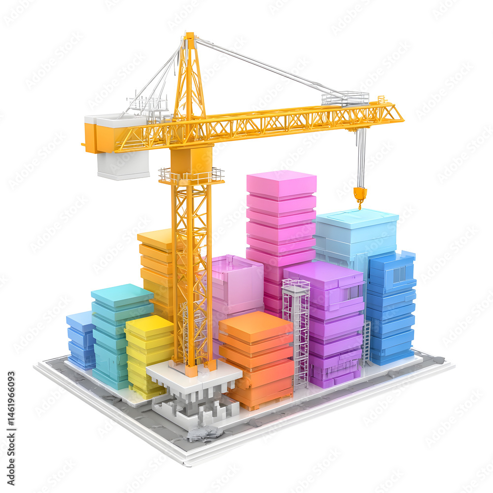 Aufkleber vibrant pastel colored 3d of a construction crane lifting and transporting various building blocks b