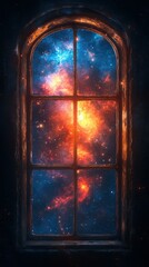 Colorful cosmic view through a vintage window, revealing a vibrant galaxy at night