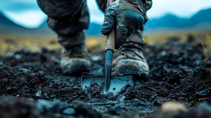 A person wearing camouflage digs into the earth with a shovel, focused on the task at hand.