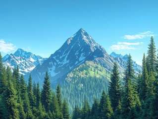 A majestic snow capped mountain peak rises above a dense green forest under a clear blue sky on a sunny day in the great outdoors.