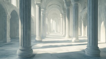 Obraz premium Sunlit classical hall with marble columns and arches.