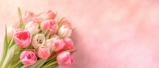 Fototapeta premium Delicate pink and white tulip bouquet on soft pink background, symbolizing springtime, love, and feminine beauty Floral arrangement for Mothers Day or Valentines Day