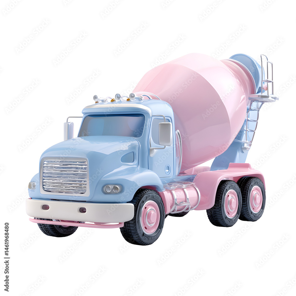 Poster a whimsical and stylized 3d rendering of a pastel colored concrete mixer truck with a tilted barrel 