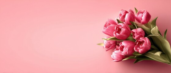 Fototapeta premium Elegant bouquet of pink tulips on a pastel pink background, symbolizing love, appreciation, and springtime freshness