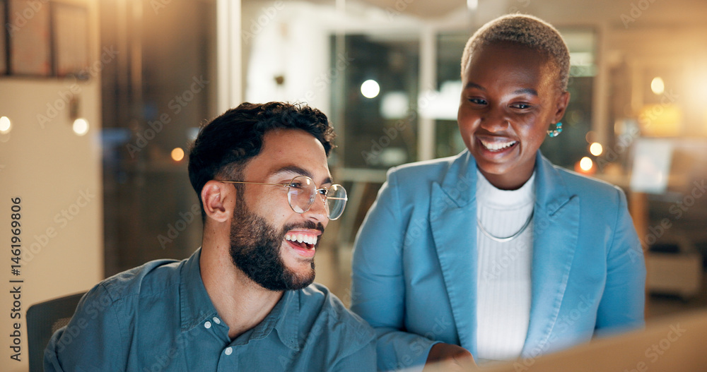 Poster computer, laughing and night with business people in office together for development or planning. fe
