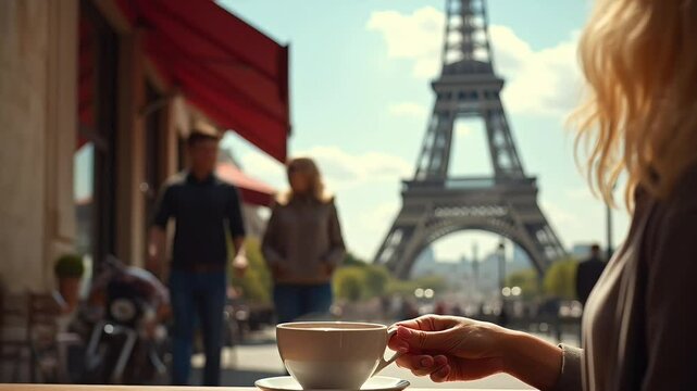 Coffee outdoors in city with eiffel tower