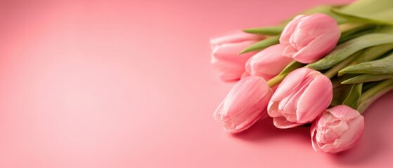 Obraz premium Delicate pink tulips bouquet on pastel pink background, symbolizing spring, love, and feminine beauty Floral arrangement for Mothers Day or Valentines Day